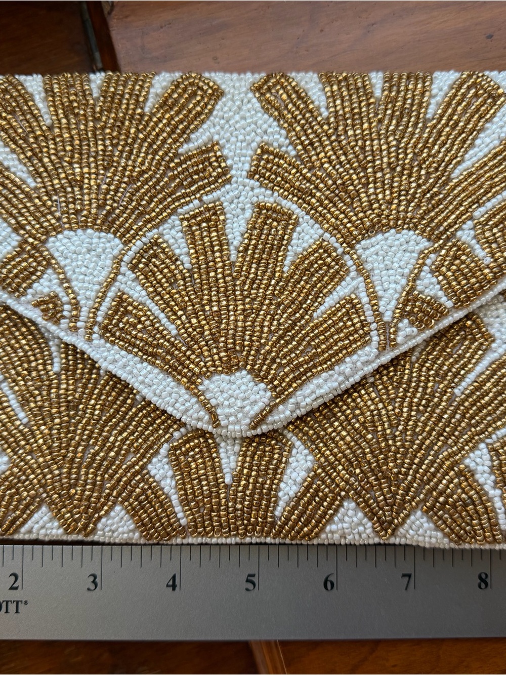 White & Gold Hand Beaded Envelope Clutch Crossbody Bag - Picture 13 of 13